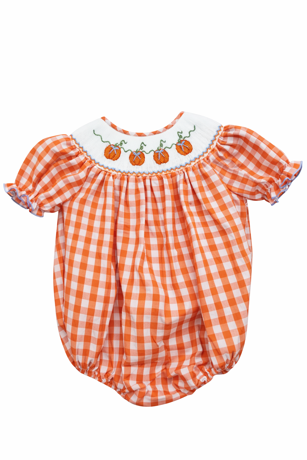 ORANGE GINGHAM PUMPKIN BOWS SMOCKED GIRL BUBBLE