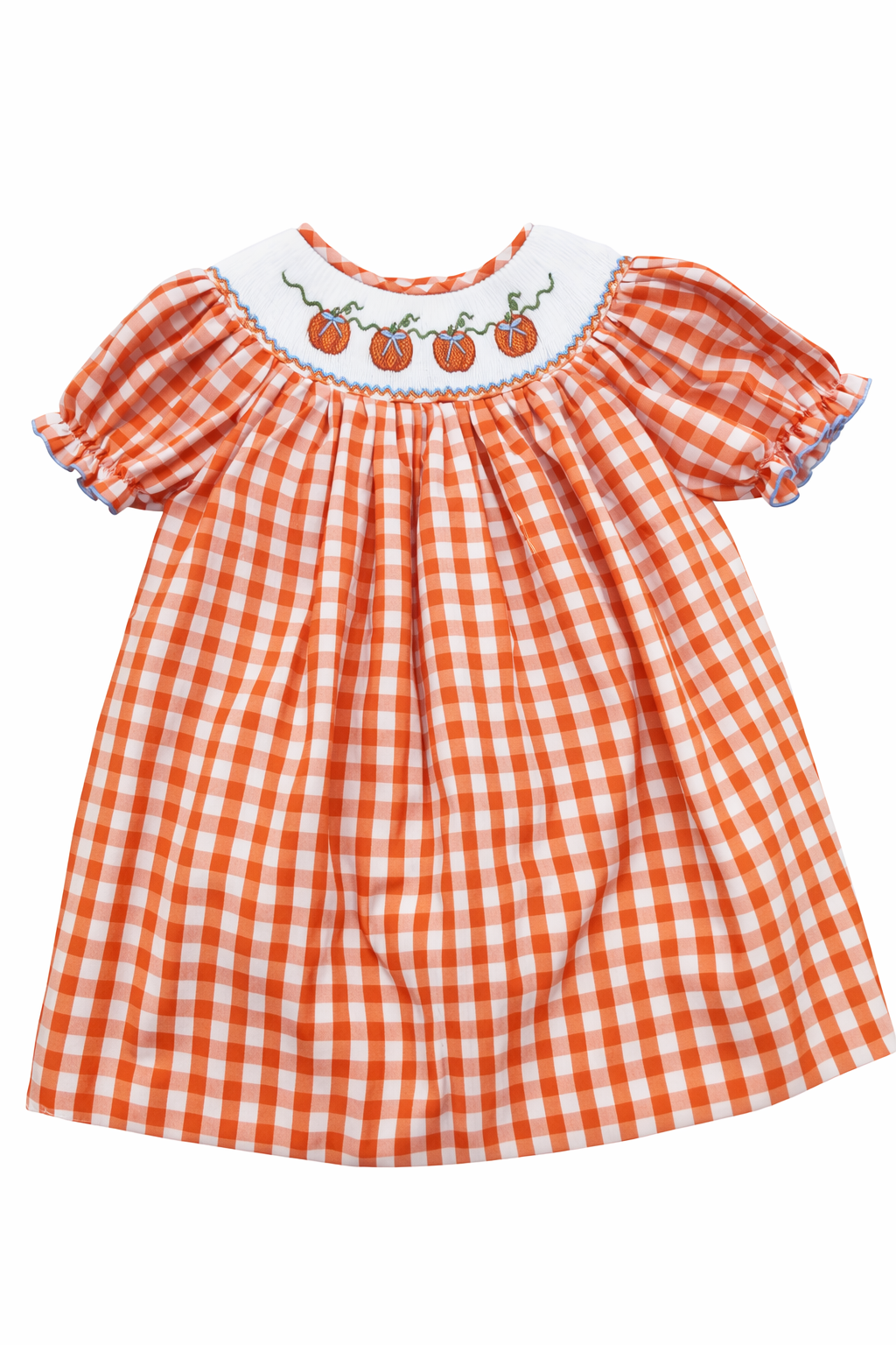 Orange and white checkered dress with embroidered details on a white background