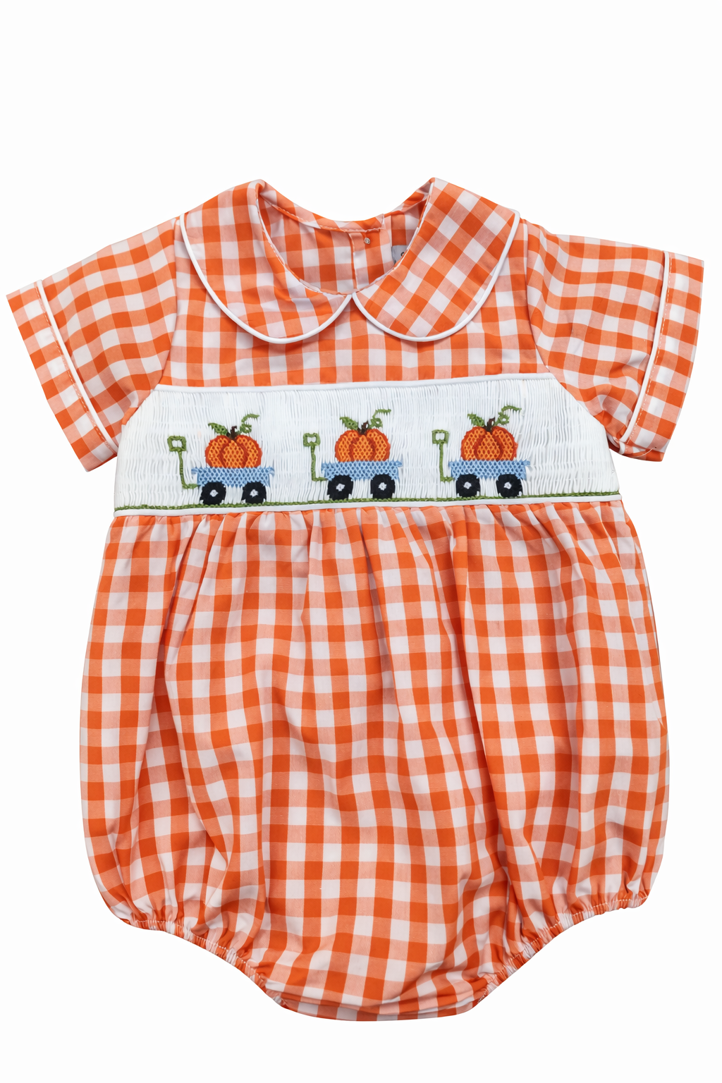 ORANGE GINGHAM PUMPKIN WAGON SMOCKED BOY BUBBLE