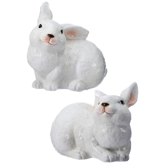 TWO POSED BUNNIES SWEET GLAZED WHITE BUNNY DECOR