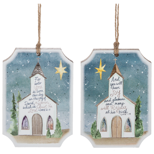 Two Christmas tree ornaments with a church design and starry night background.
