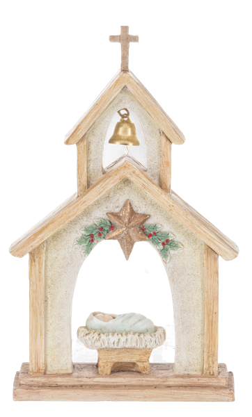 Decorative nativity scene in a wooden church-like structure with a star, bell, and baby Jesus figure.