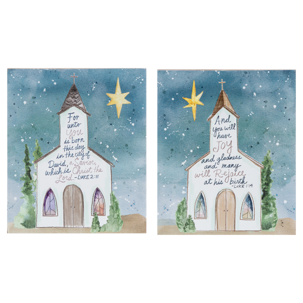 Two illustrations of a church with stars and Bible verses on a blue sky background.