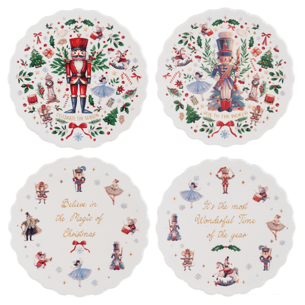 Set of four Christmas-themed coasters with nutcrackers and holiday decorations on a white background.