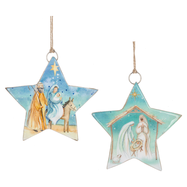 Two star-shaped Christmas ornaments with nativity scenes on a white background