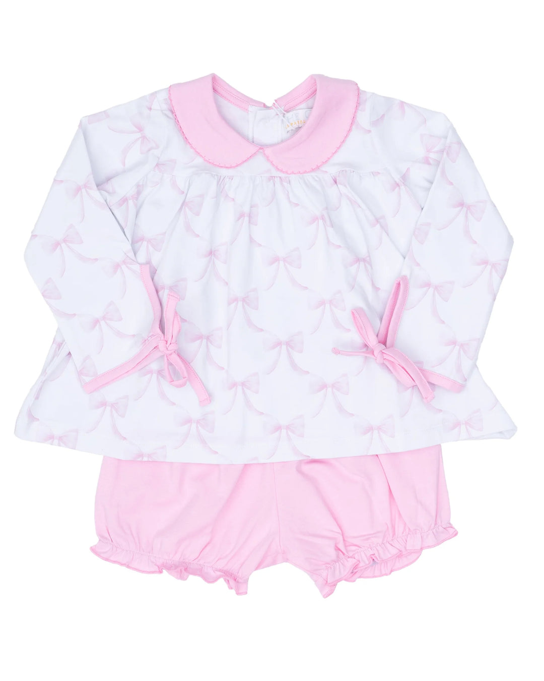 Baby girl's outfit with long-sleeve top and pink bloomers on a white background