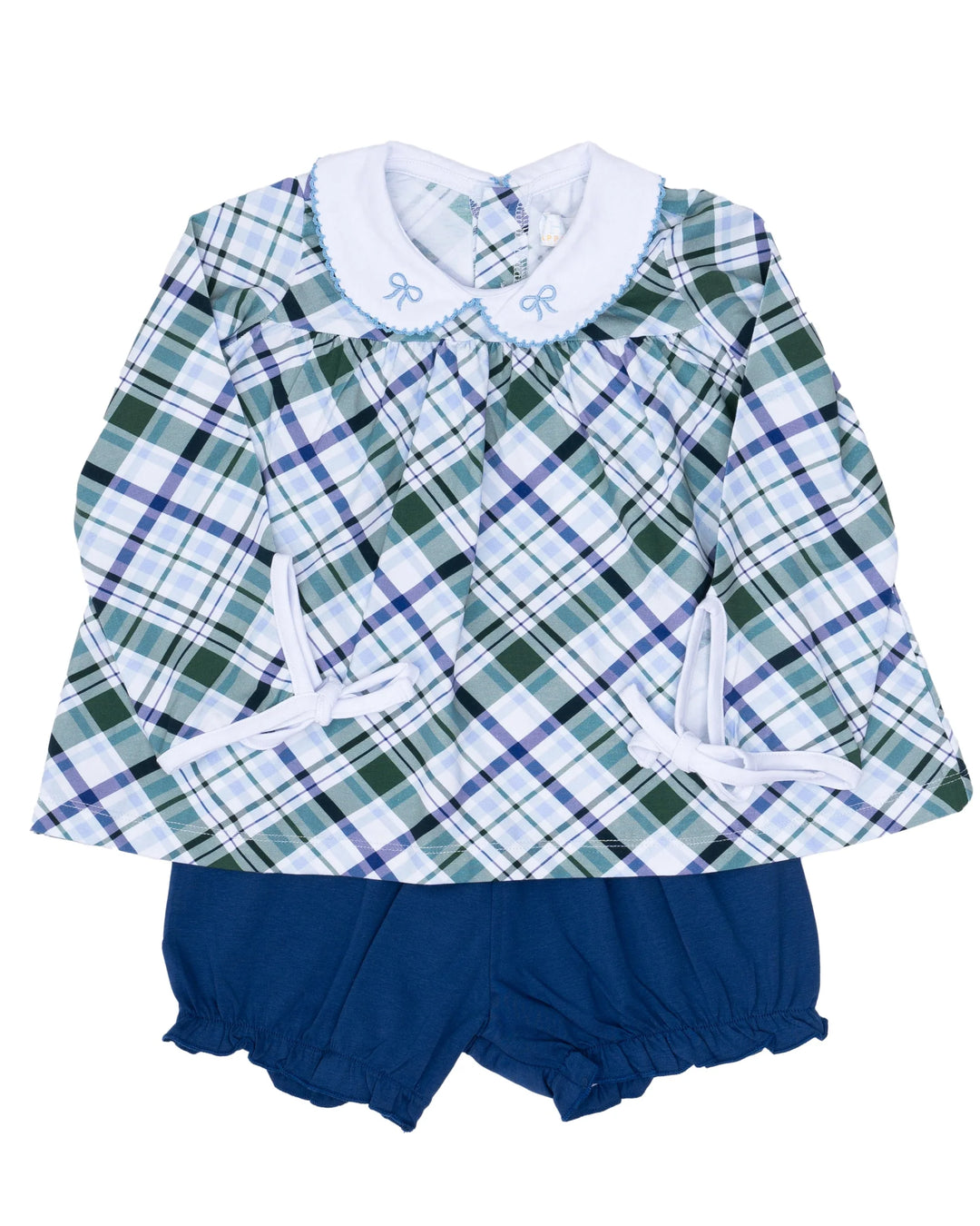 Plaid top and navy shorts set on a white background