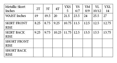 Table displaying sizes and dimensions of metallic skirts in inches.