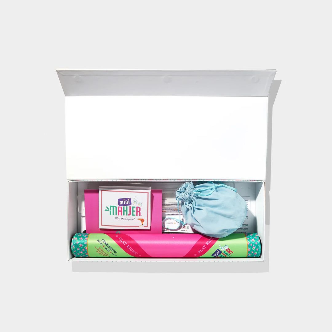 Mini Mahjer travel game boxed set with playing mat, storage bag, and accessories. | Walker Boutique