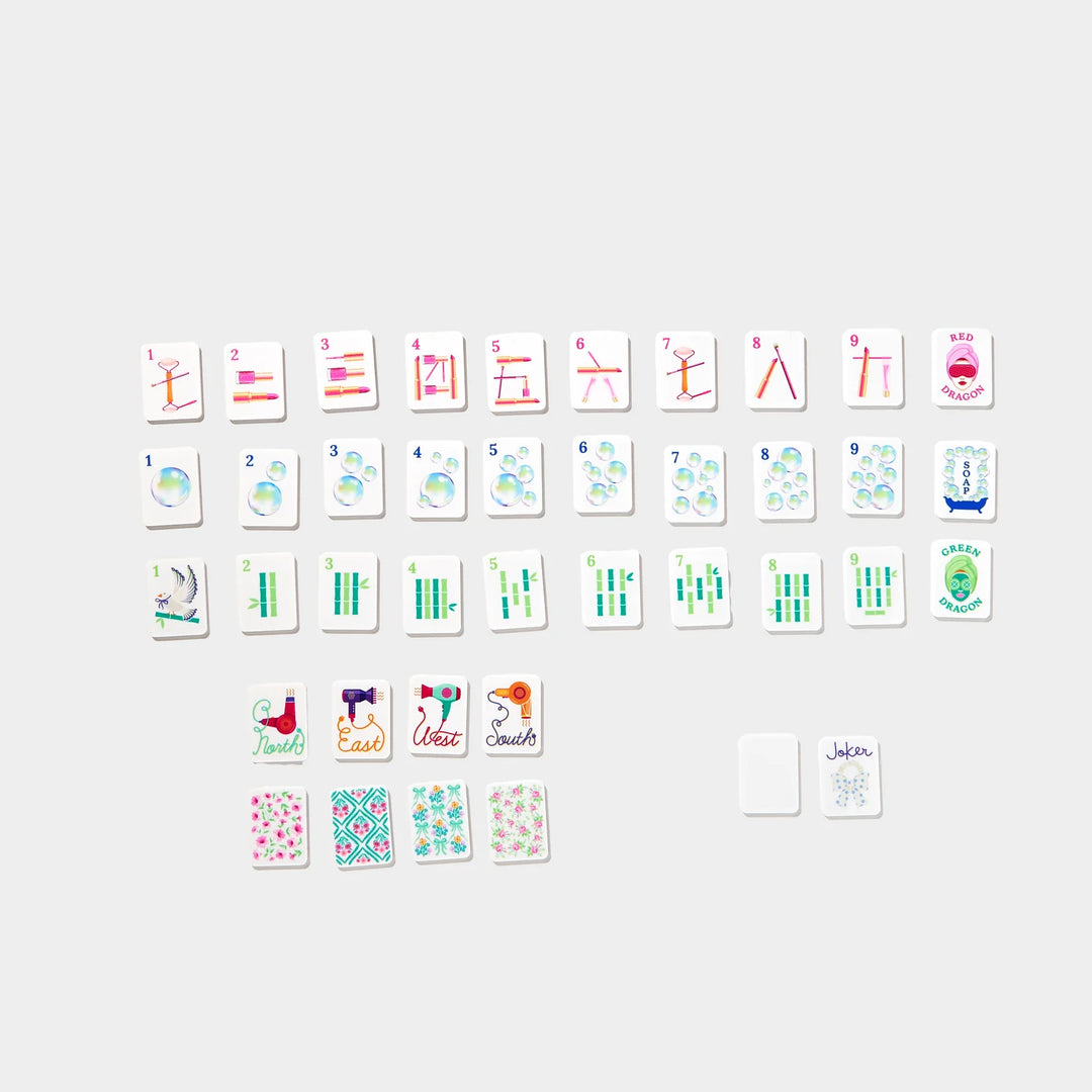 Mini Mahjer playing tile set with numbered suits, dragons, winds, flowers, and joker tile. | Walker Boutique