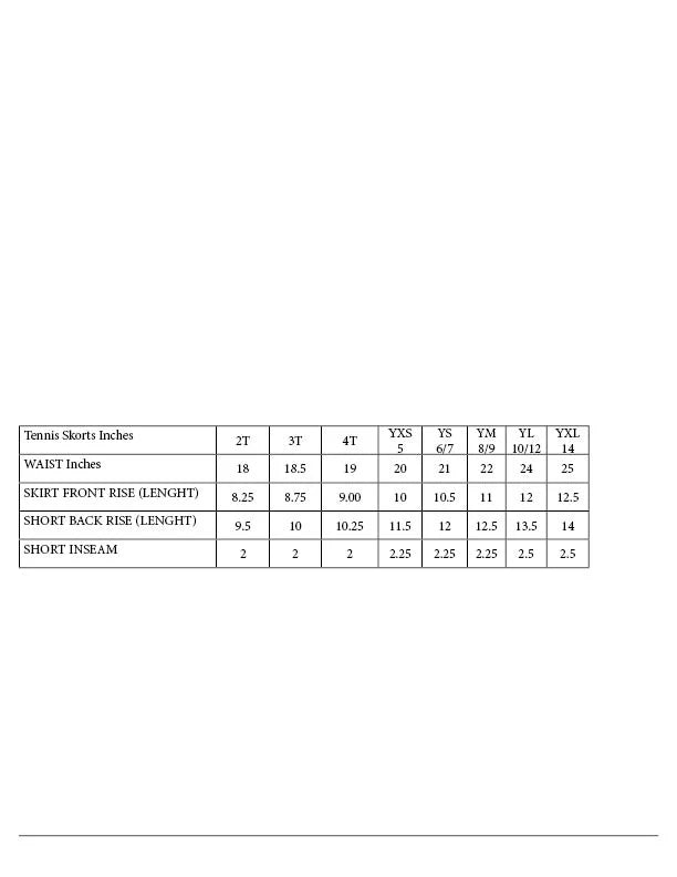 Table displaying tennis skirt measurements in inches for various sizes.