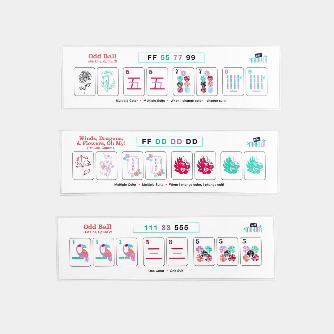 Mini Mahjer matching strips featuring sample hands and tile combinations for easy game reference. | Walker Boutique