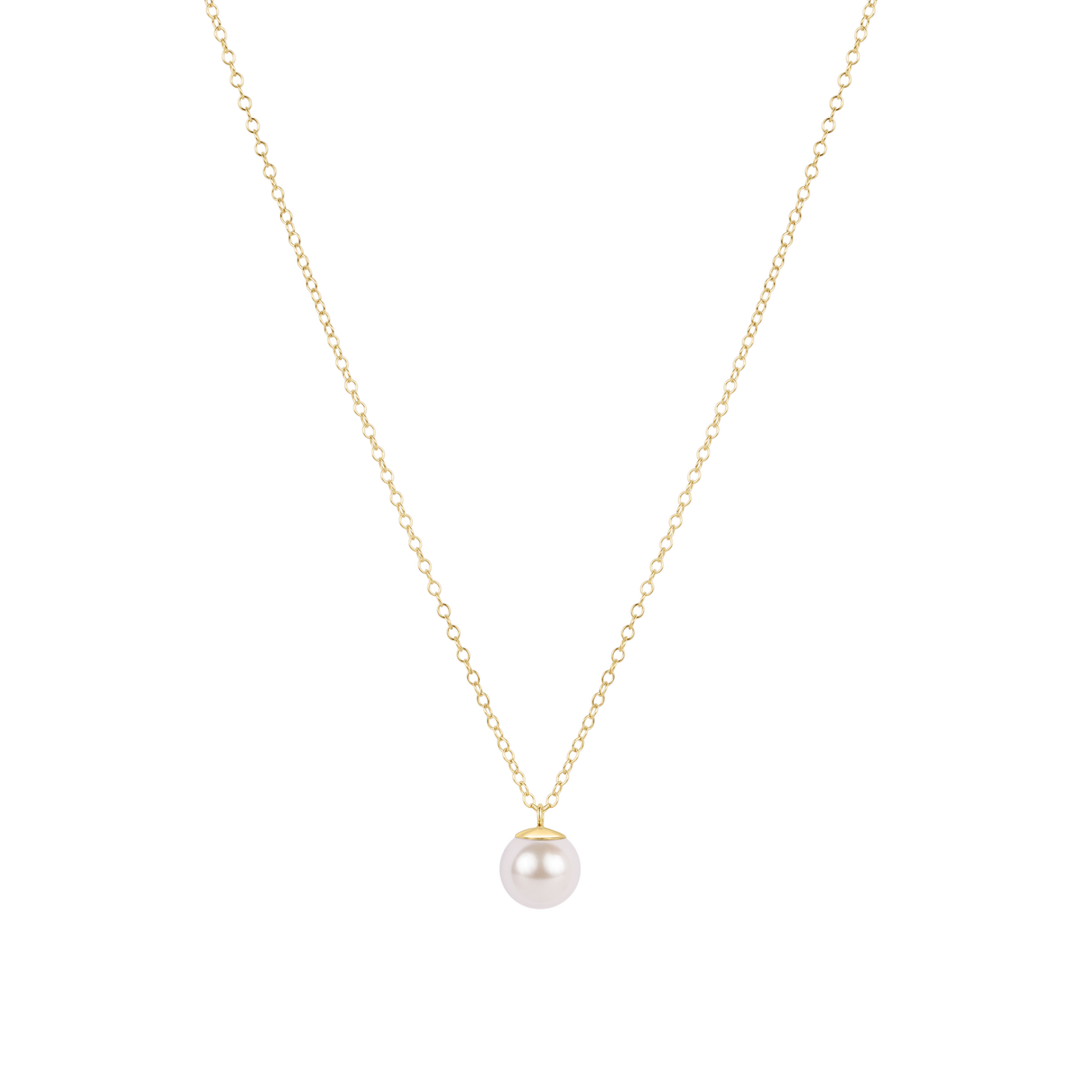 Gold necklace with a single pearl pendant on a white background