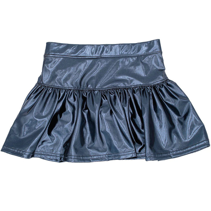 Blue metallic skirt on a white background with 'Azarkhia' branding.