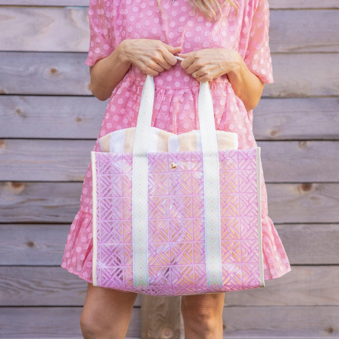 PINK GEO TILE CLEAR VINYL TOTE BAG