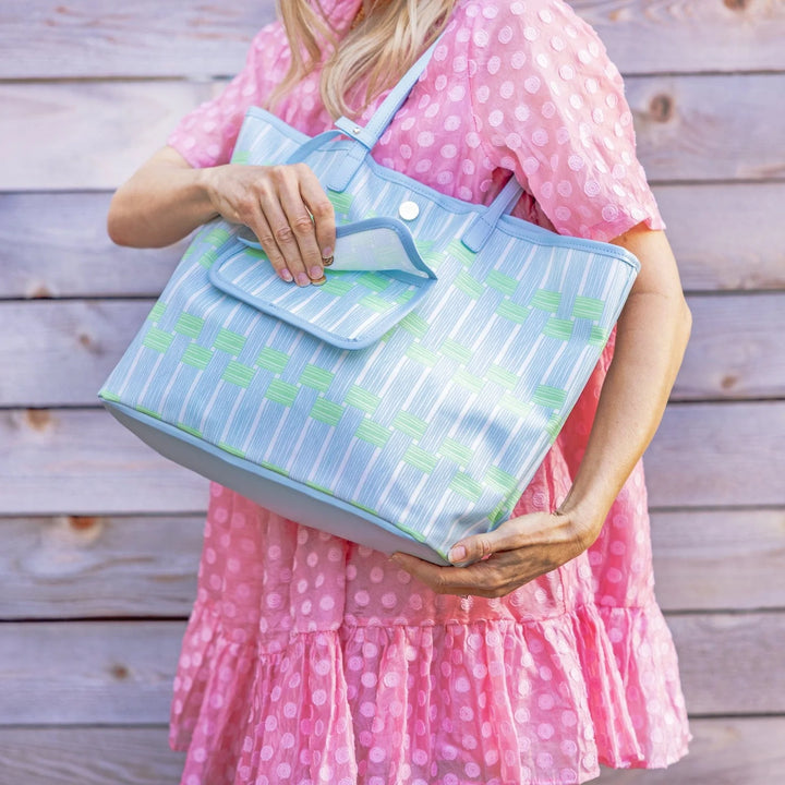 BLUE LATTICE OVERSIZED TOTE BAG WITH WALLET
