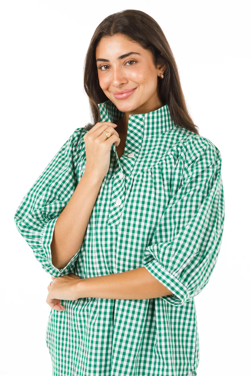 green gingham collared blouse with short sleeves and quarter button up