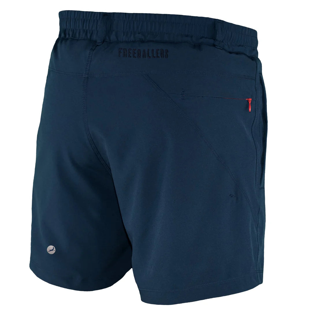 Navy shorts with a red logo on a white background