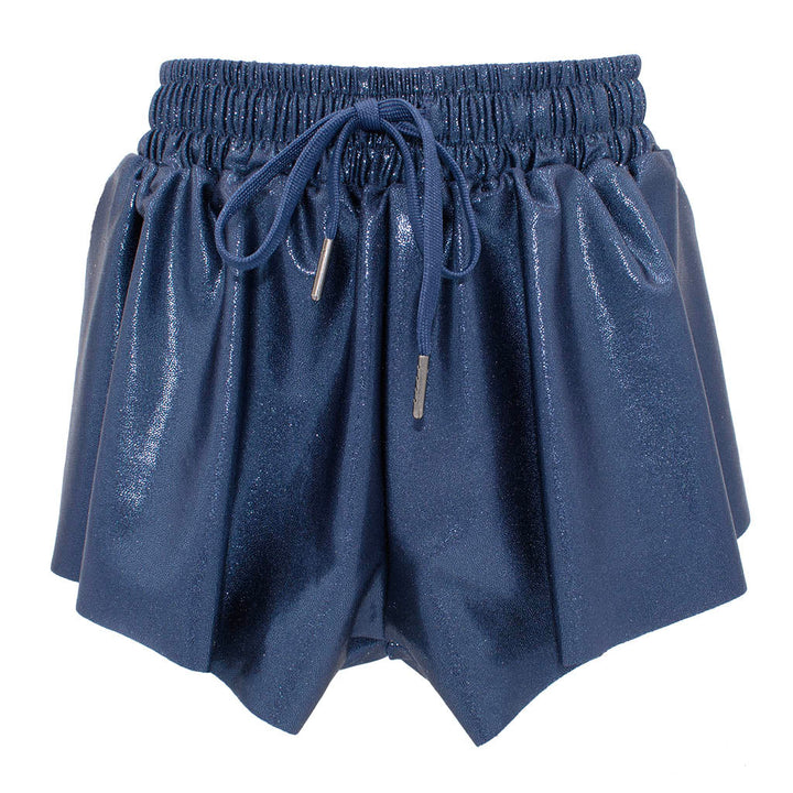 Blue shorts with drawstring on a white background