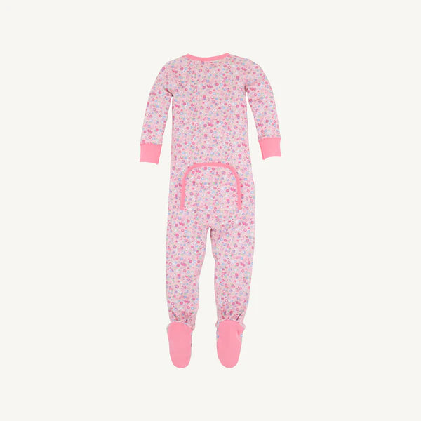 Floral-patterned baby onesie with pink accents on a white background