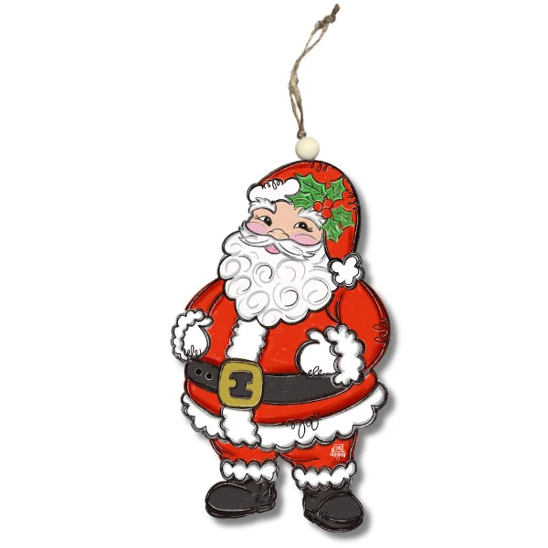 Decorative Christmas ornament featuring a cartoon Santa Claus with a white beard and red suit.