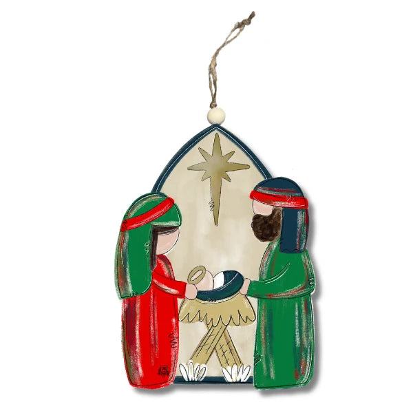 Decorative Christmas ornament with three wise men and a star in the sky on a white background.