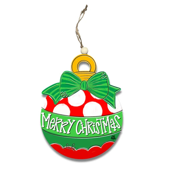 Christmas ornament with red and green design and 'Merry Christmas' text on a white background