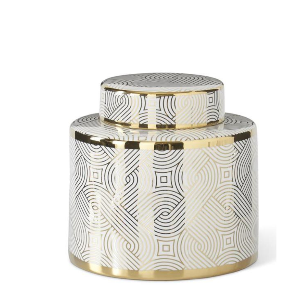 Decorative jar with geometric pattern and gold accents on a white background