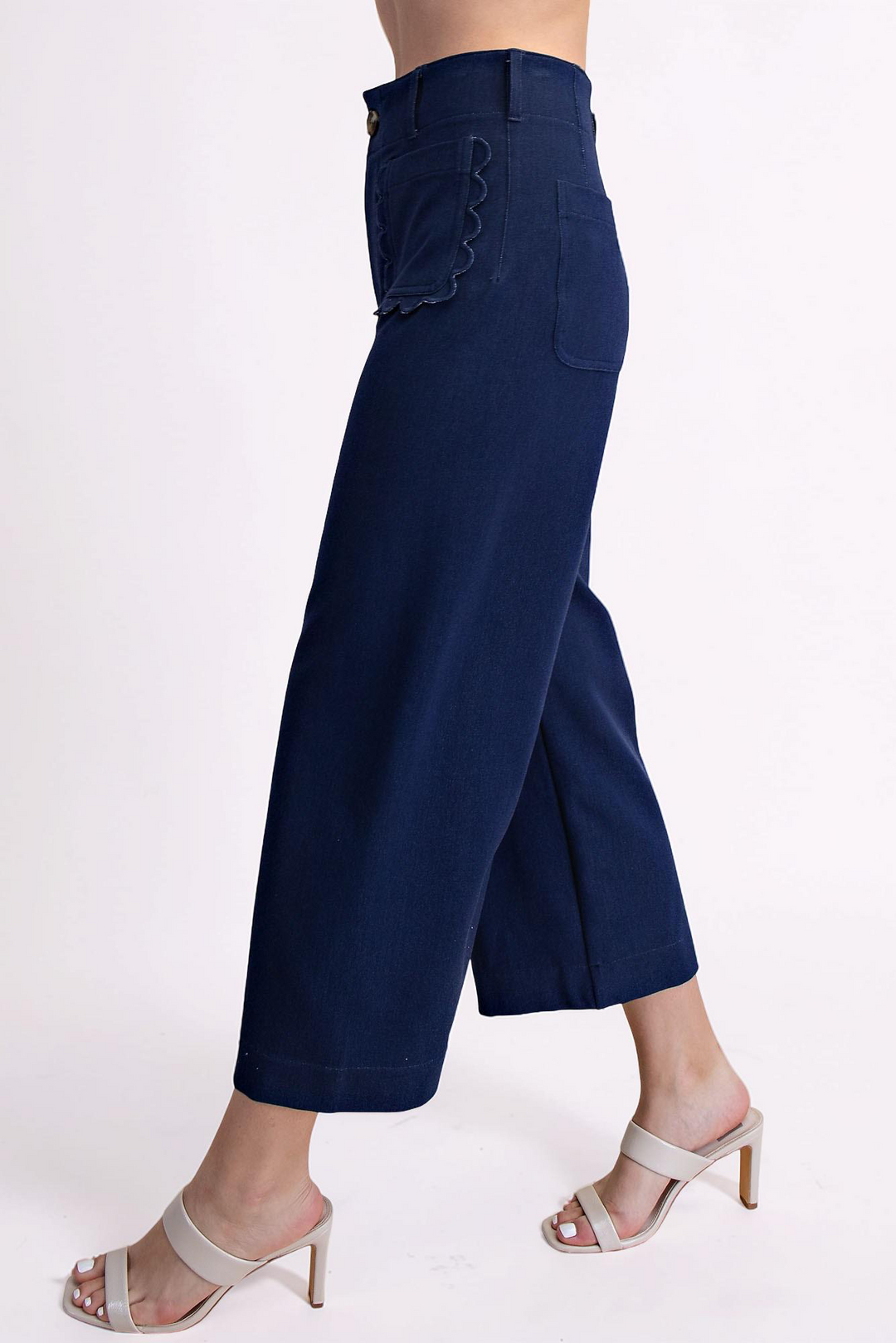 INDIGO COLETTE CROPPED SCALLOPED WIDE LEG PANTS