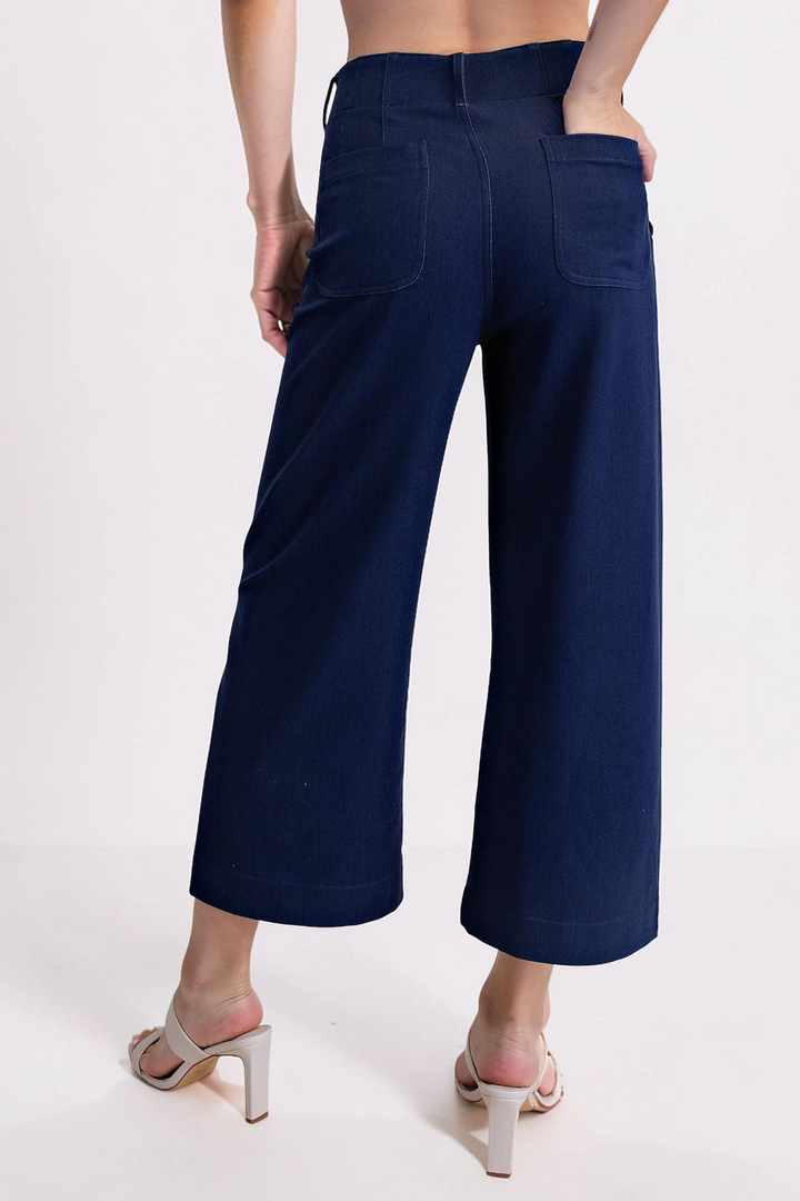 INDIGO COLETTE CROPPED SCALLOPED WIDE LEG PANTS