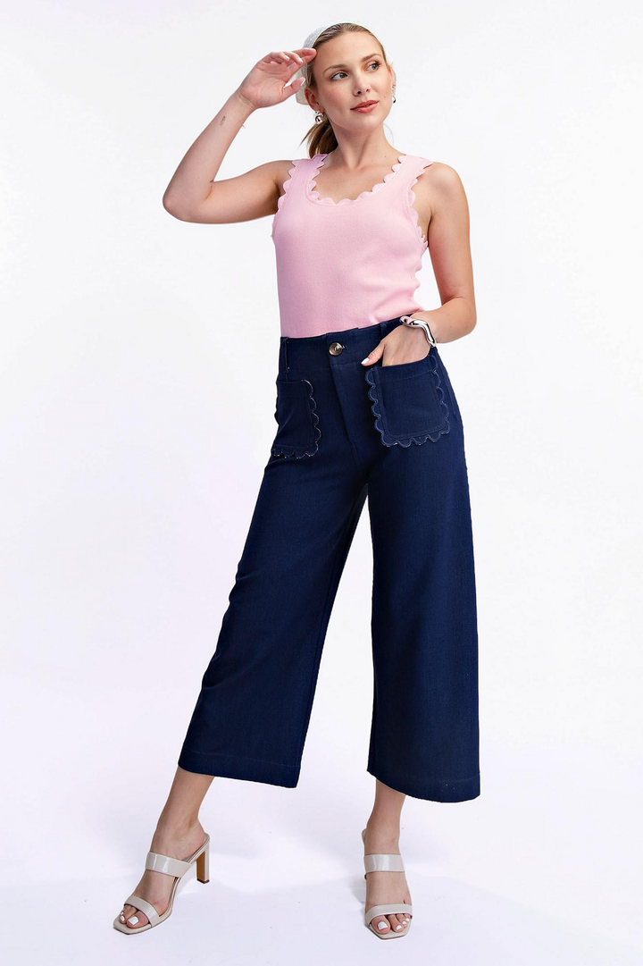 INDIGO COLETTE CROPPED SCALLOPED WIDE LEG PANTS