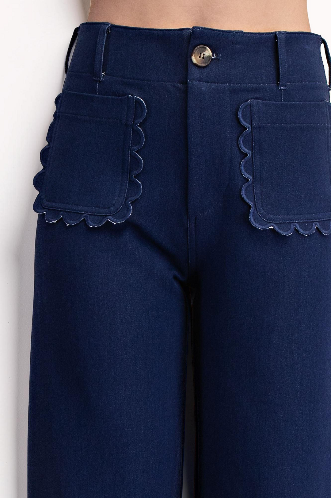 INDIGO COLETTE CROPPED SCALLOPED WIDE LEG PANTS