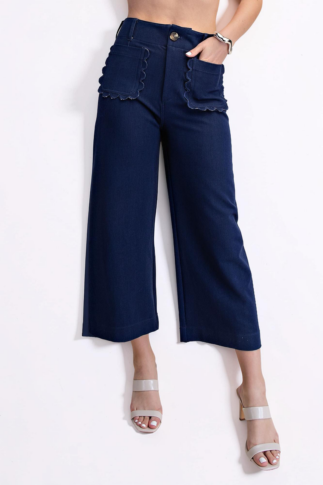 INDIGO COLETTE CROPPED SCALLOPED WIDE LEG PANTS