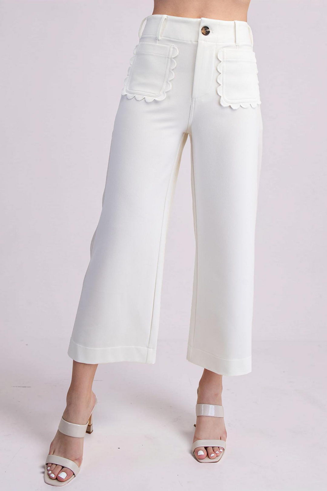 WHITE COLETTE CROPPED SCALLOPED WIDE LEG PANTS