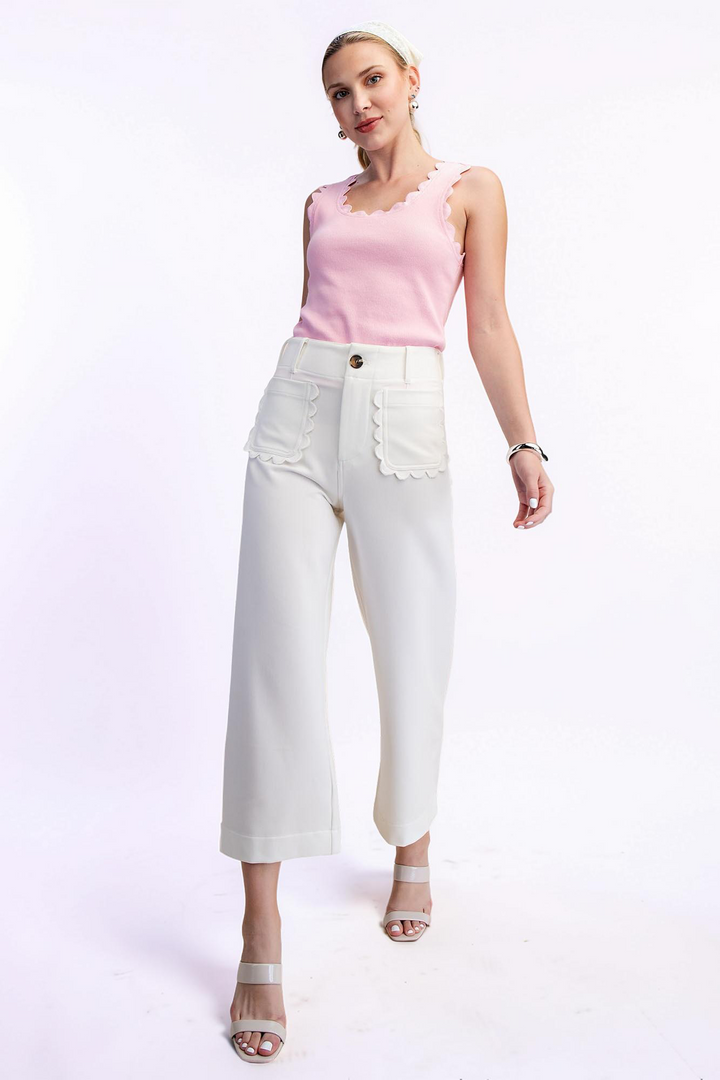 WHITE COLETTE CROPPED SCALLOPED WIDE LEG PANTS