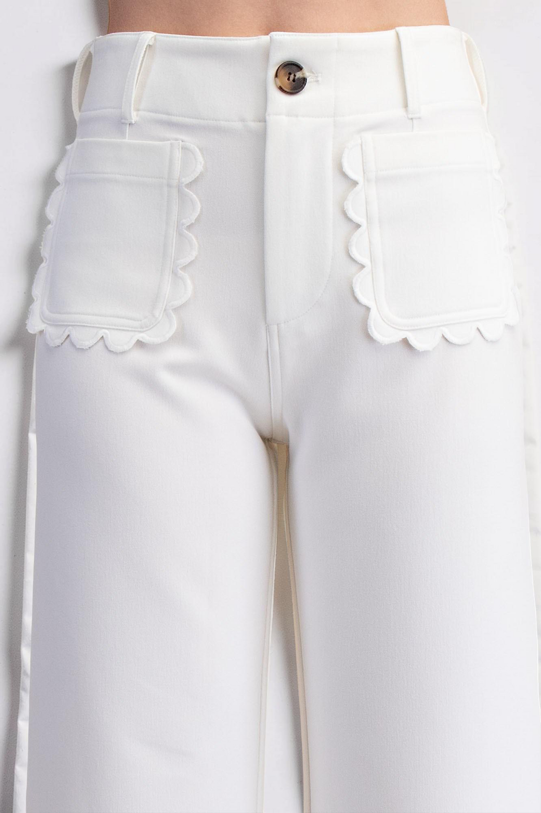 WHITE COLETTE CROPPED SCALLOPED WIDE LEG PANTS