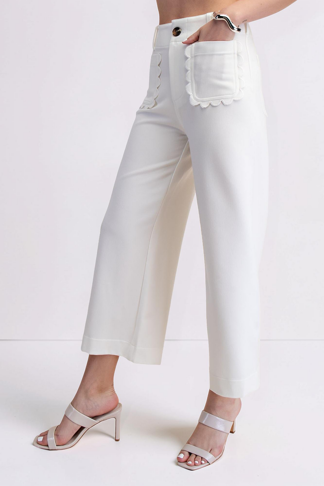 WHITE COLETTE CROPPED SCALLOPED WIDE LEG PANTS