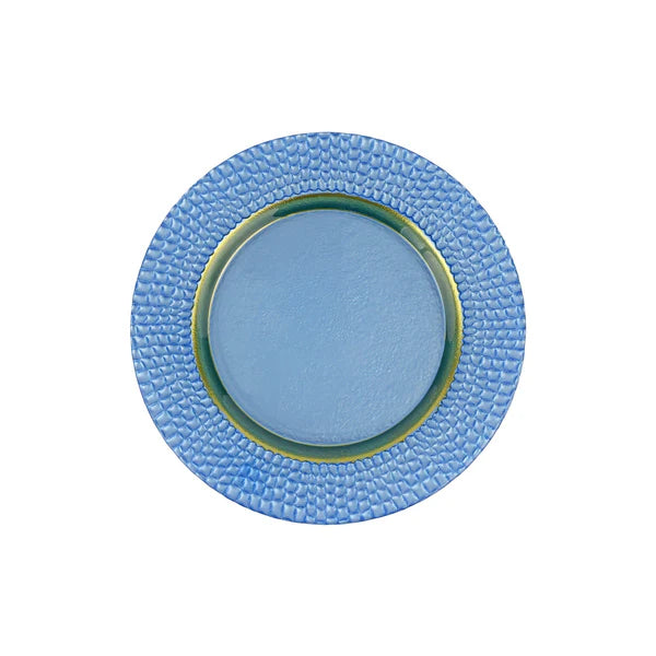 Blue ceramic plate with textured rim on a white background