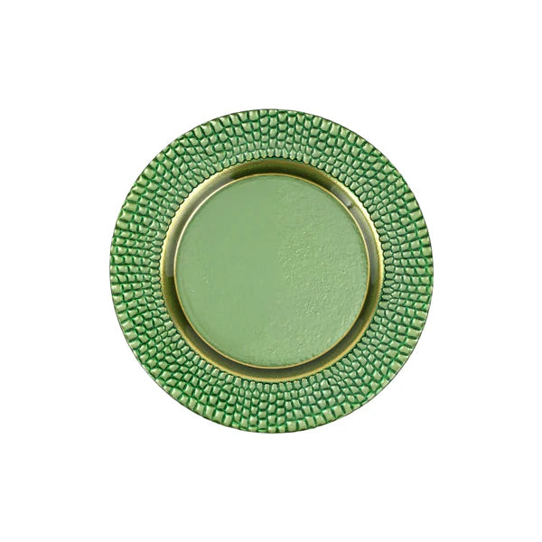 Green ceramic plate with textured rim on a white background