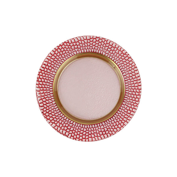 Decorative plate with red textured rim and gold center on a white background