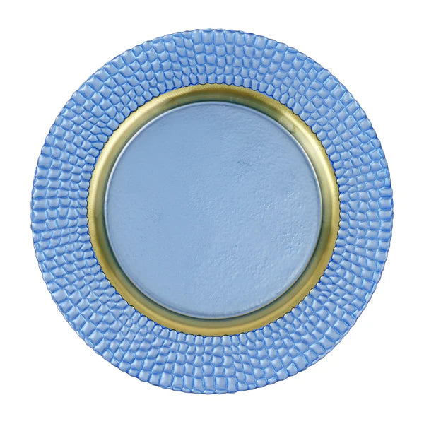 Light blue plate with textured rim and gold center on a white background