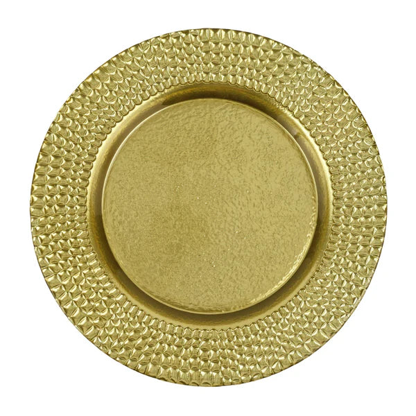 Gold decorative plate with textured rim on a white background