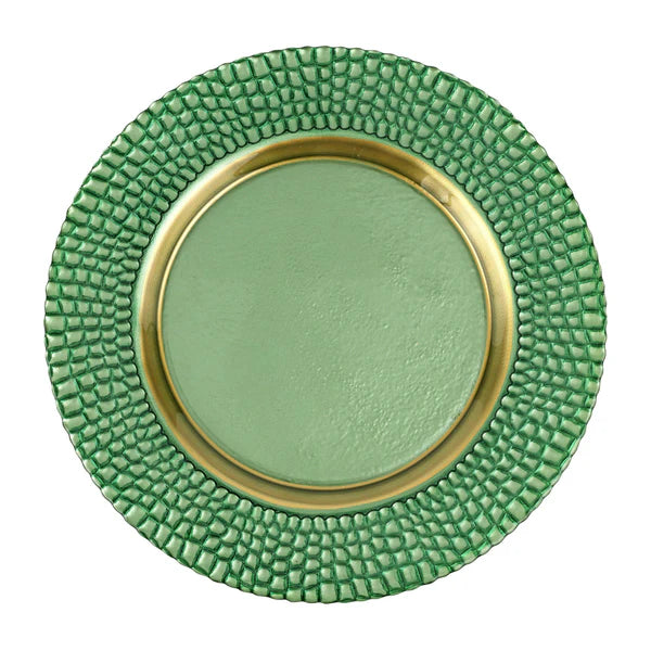 Green ceramic plate with textured rim and gold center on a white background