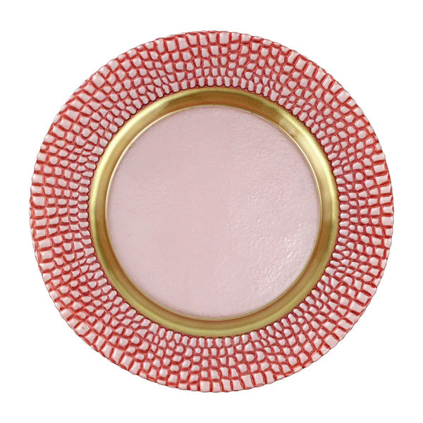 Round pink object with a red textured rim on a white background