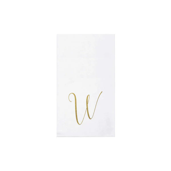White guest towel with gold letter 'W' on a white background