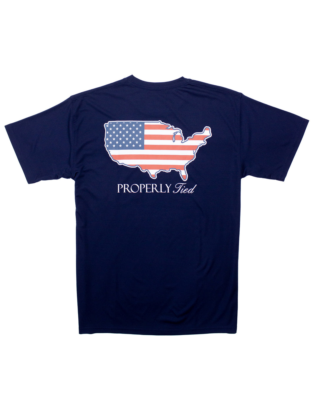 NAVY BLUE T-SHIRT WITH AMERICAN FLAG COVERING UNITED STATES ON WHITE BACKGROUND