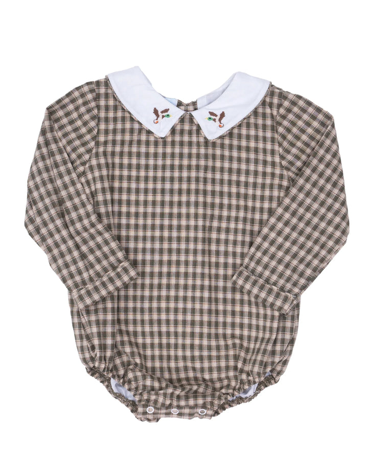 Brown checkered baby romper with white collar on a white background