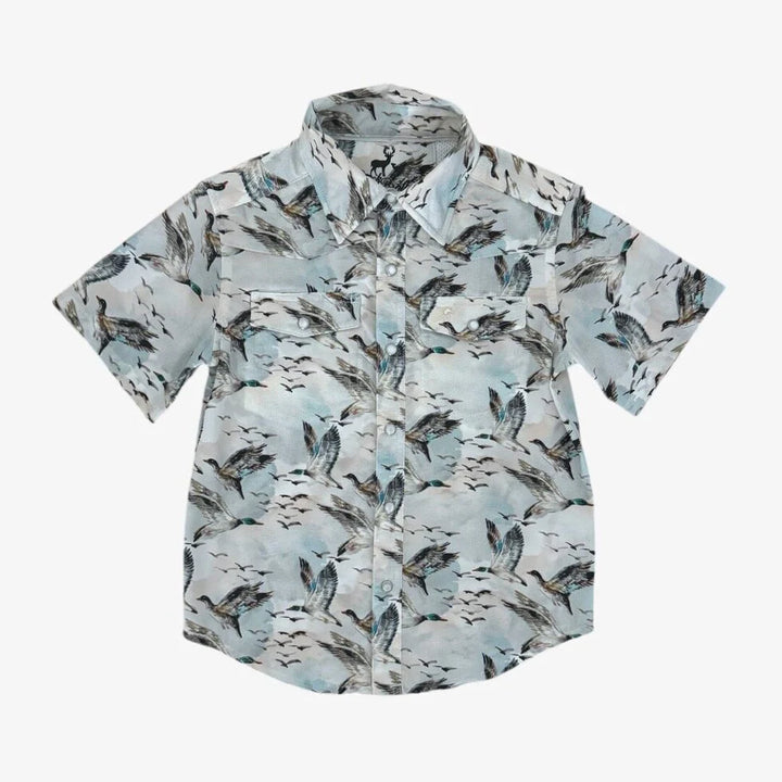 Short-sleeve shirt with bird pattern on a white background