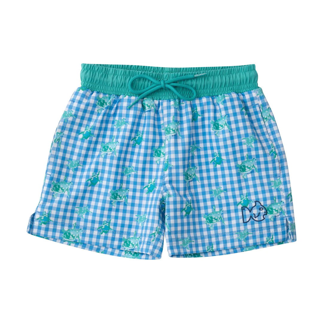 TURTLE MARINA BLUE GINGHAM BOOGIE BOARD SWIM TRUNK