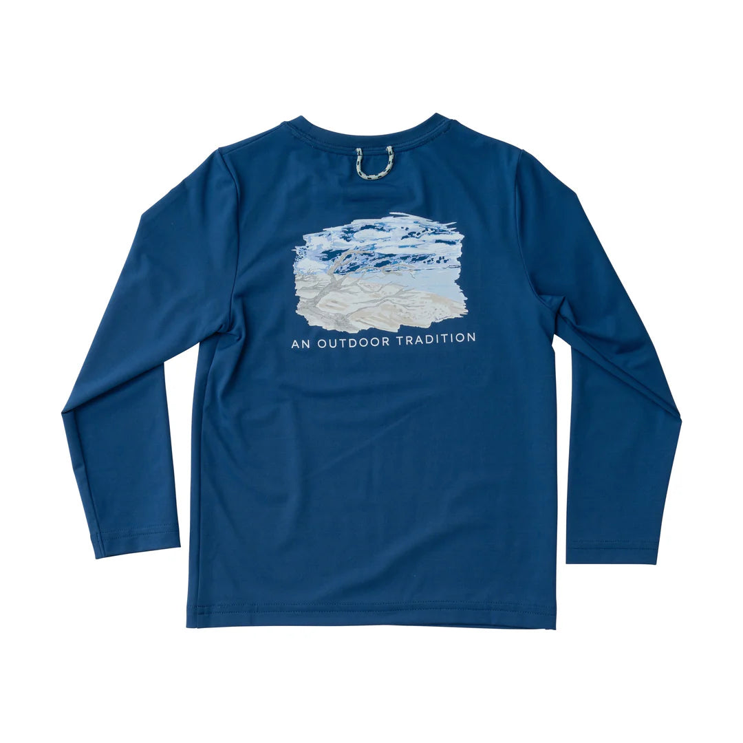 DRIFTWOOD BEACH LONG SLEEVE NAVY PERFORMANCE TEE